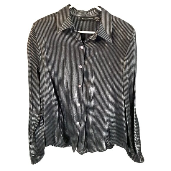 Impressions Blouse Size LARGE Black/Silver Button-up Long Sleeve Holiday Goth - Picture 1 of 9
